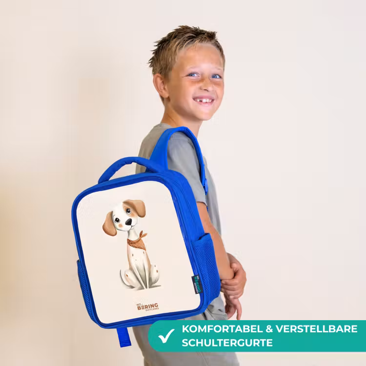 Bruin gevlekte pup op een beige achtergrond Kinderrugzak - Blauw middel -sfeer3_DE