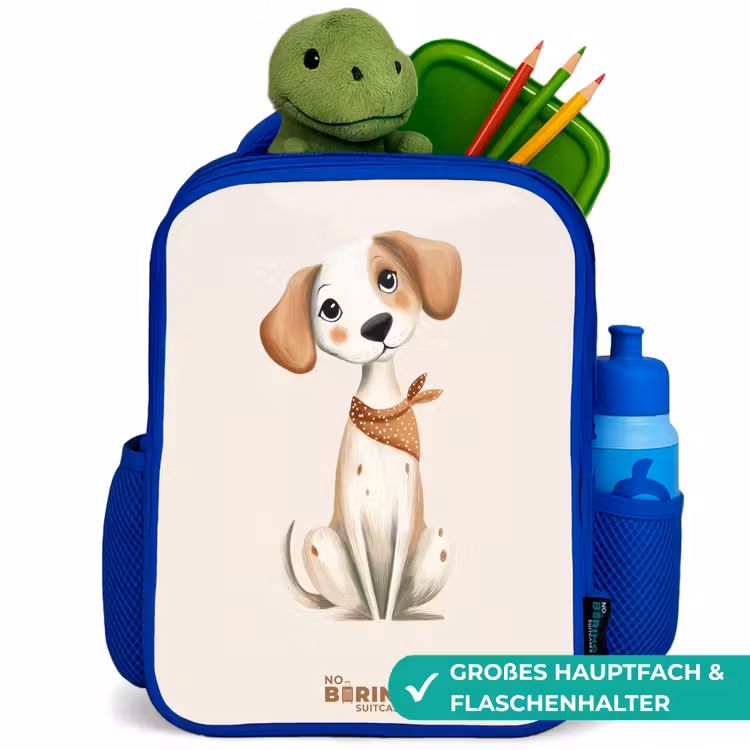 Bruin gevlekte pup op een beige achtergrond Kinderrugzak - Blauw middel -inhoud_DE