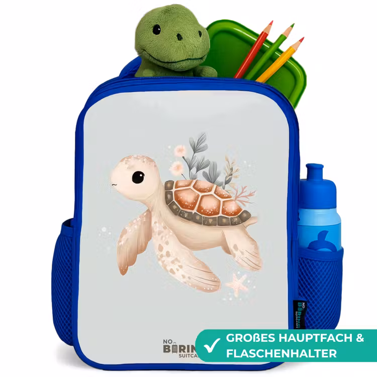 Bruine zeeschildpad in pastel onderwaterwereld Kinderrugzak - Blauw middel -inhoud_DE