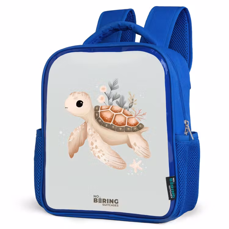 Bruine zeeschildpad in pastel onderwaterwereld Kinderrugzak - Blauw middel -schuin