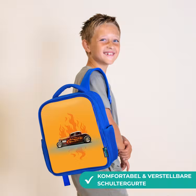 Bruine auto met gele vlammen Kinderrugzak - Blauw middel -sfeer3_DE