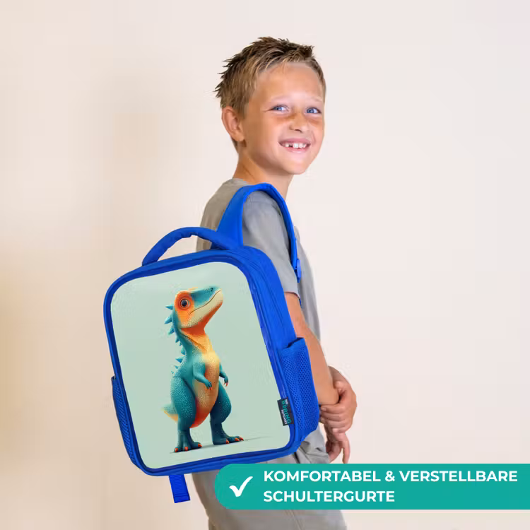 Cartoon - Dino - Oranje - Stekels Kinderrugzak - Blauw middel -sfeer3_DE