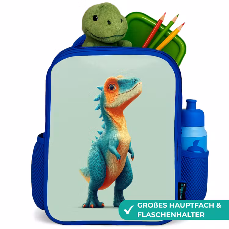 Cartoon - Dino - Oranje - Stekels Kinderrugzak - Blauw middel -inhoud_DE