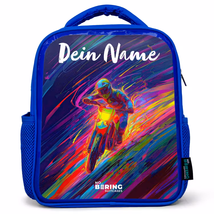 Crossmotor - Neonkleuren - Lijnen - Helm Kinderrugzak - Blauw middel -3d