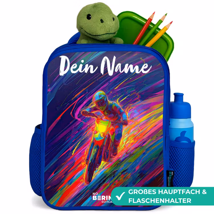Crossmotor - Neonkleuren - Lijnen - Helm Kinderrugzak - Blauw middel -inhoud_DE