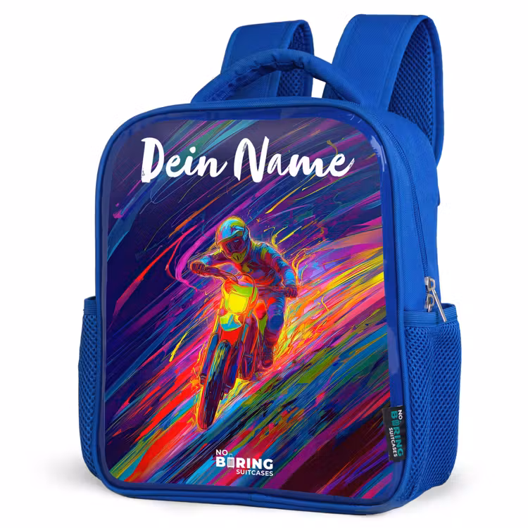 Crossmotor - Neonkleuren - Lijnen - Helm Kinderrugzak - Blauw middel -schuin