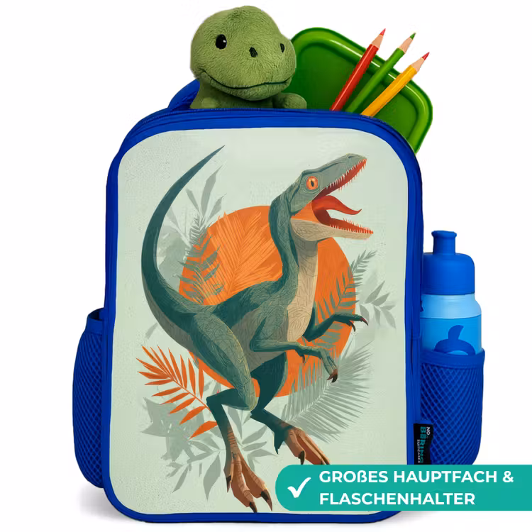 Dino - Bladeren - Grafisch - Groen Kinderrugzak - Blauw middel -inhoud_DE