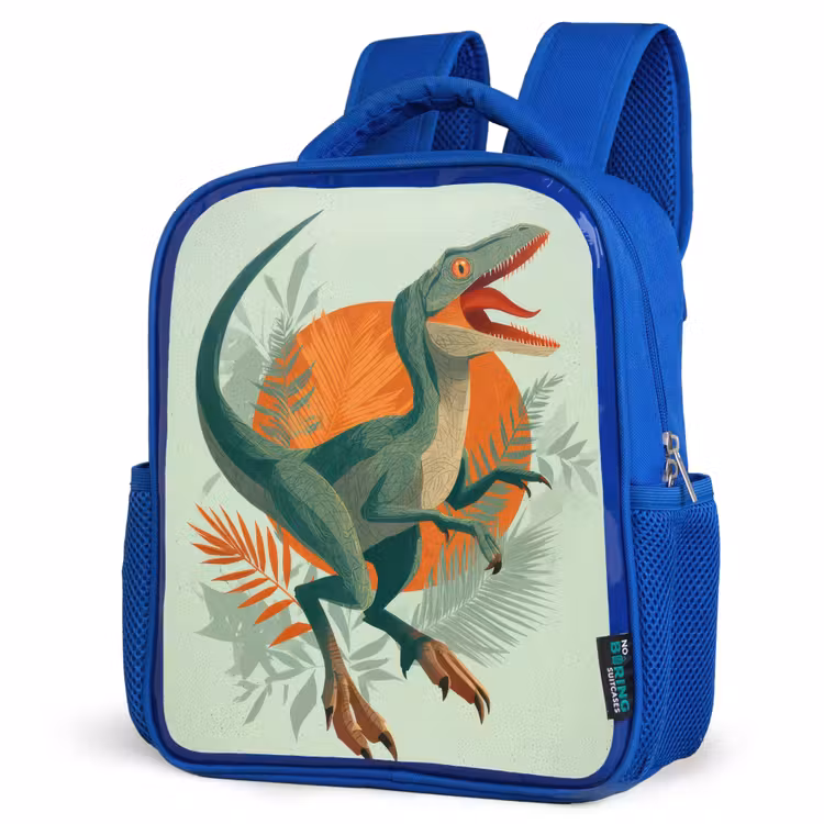 Dino - Bladeren - Grafisch - Groen Kinderrugzak - Blauw middel -schuin