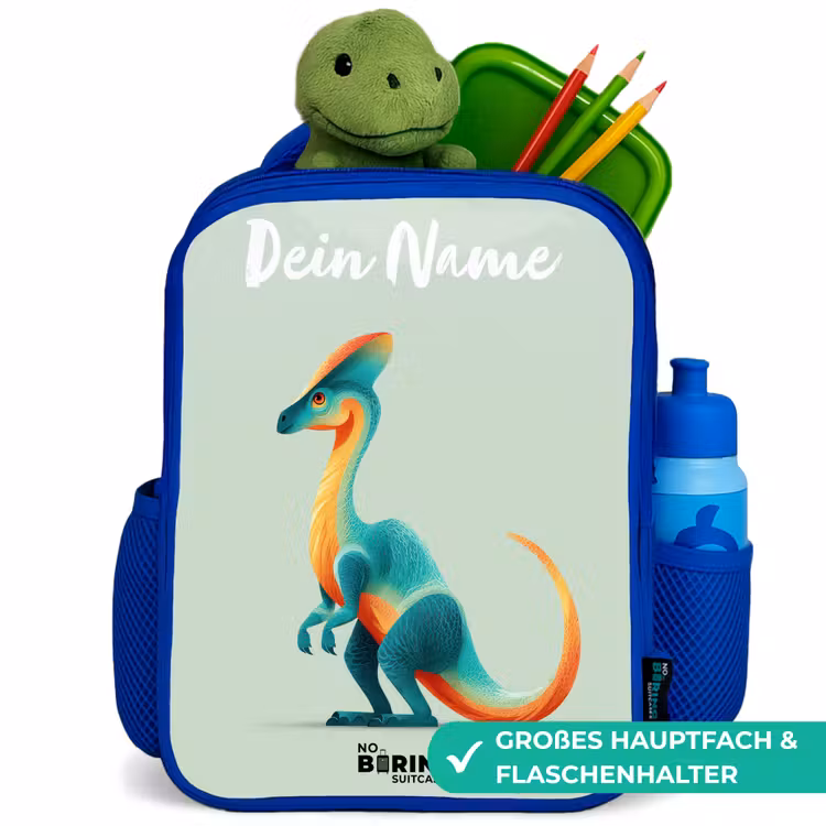 Dino - Blauw - Dier Kinderrugzak - Blauw middel -inhoud_DE