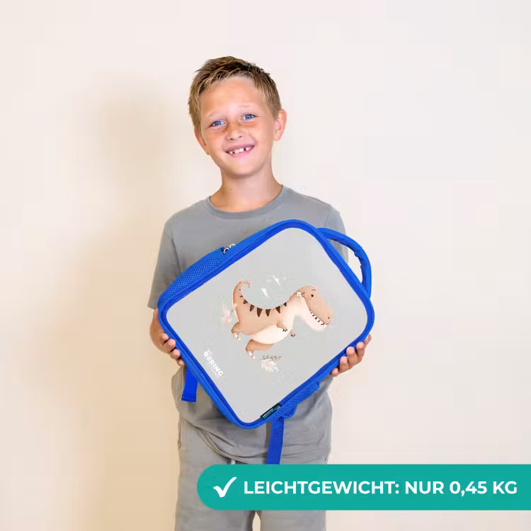 Dino in beige en grijze kleuren Kinderrugzak - Blauw middel -sfeer1_DE