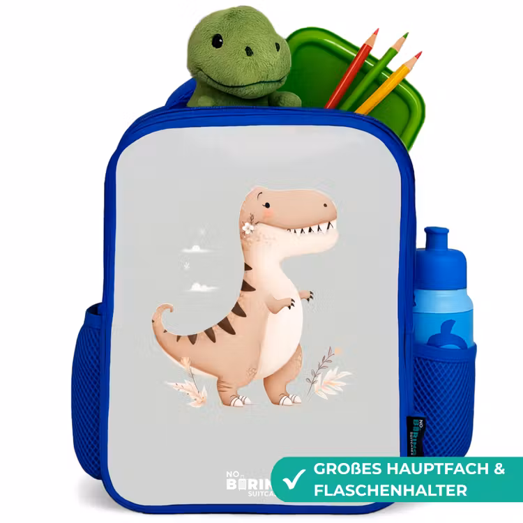 Dino in beige en grijze kleuren Kinderrugzak - Blauw middel -inhoud_DE