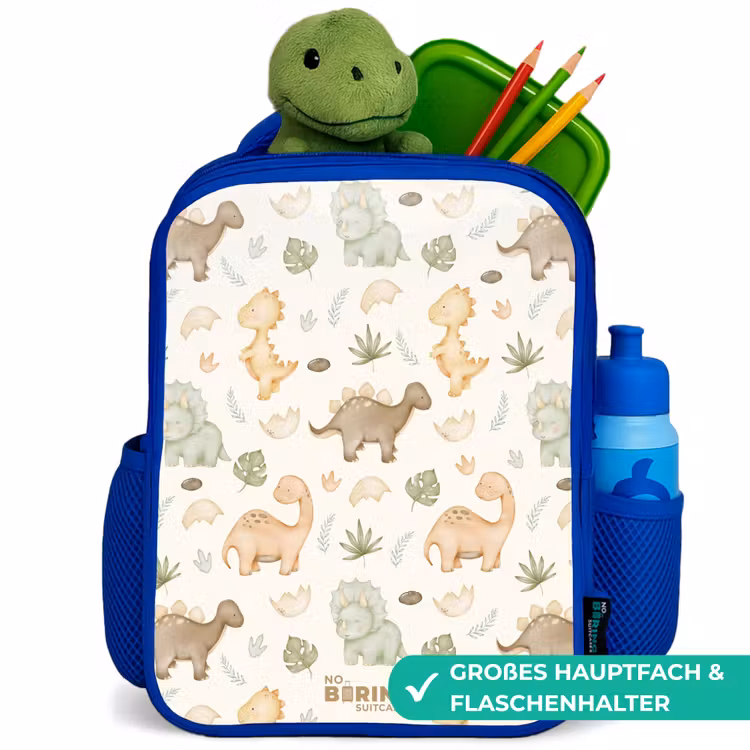 Dino patroon in pastelkleuren Kinderrugzak - Blauw middel -inhoud_DE