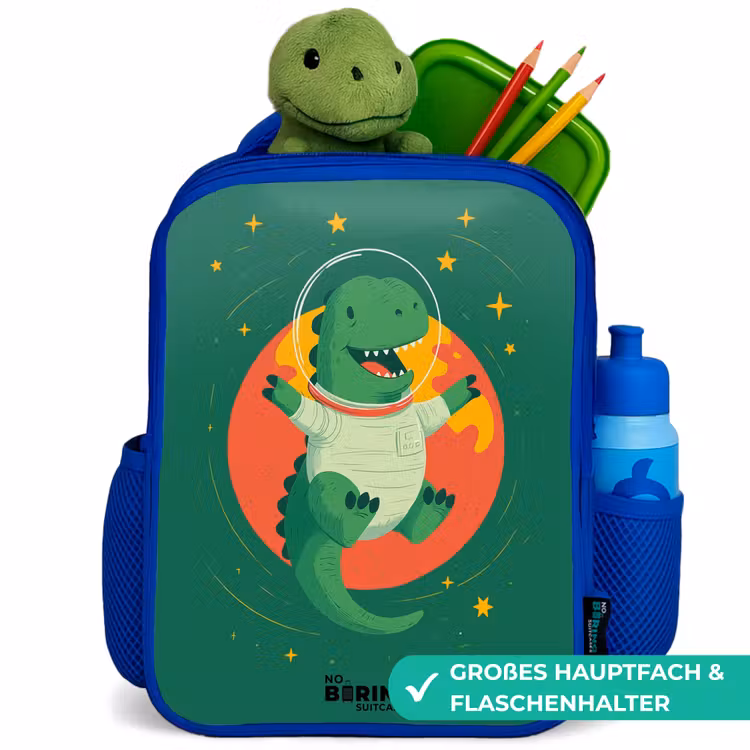 Dino - Planeet - Sterren - Groen Kinderrugzak - Blauw middel -inhoud_DE