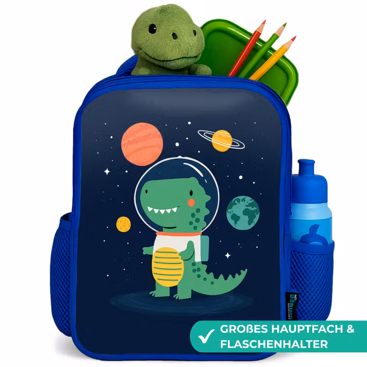 Dino - Ruimtepak - Planeten Kinderrugzak - Blauw middel -inhoud_DE