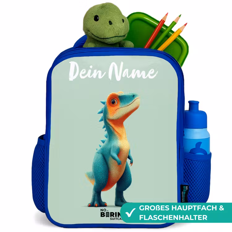 Dino - Dier - Groen - Oranje Kinderrugzak - Blauw middel -inhoud_DE