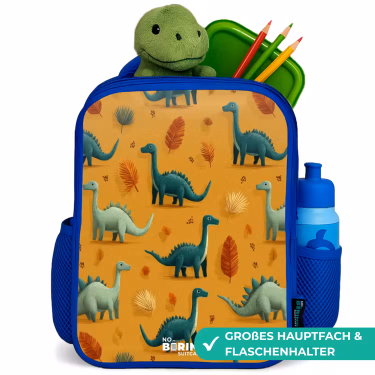 Dino - Dieren - Patroon Kinderrugzak - Blauw middel -inhoud_DE