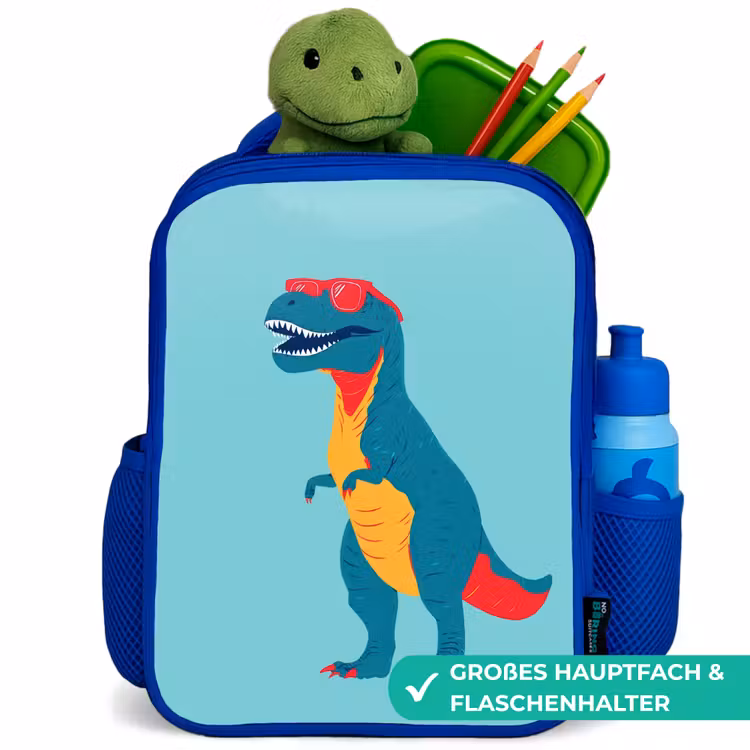 Dinosaurus - Blauw - Zonnebril Kinderrugzak - Blauw middel -inhoud_DE