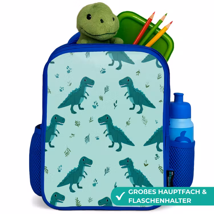 Donkergroen - Dinosaurussen - Afdrukken - Bladeren Kinderrugzak - Blauw middel -inhoud_DE