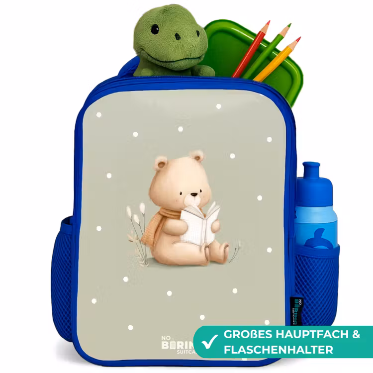 Een bruine beer die een boek leest - Groen Kinderrugzak - Blauw middel -inhoud_DE