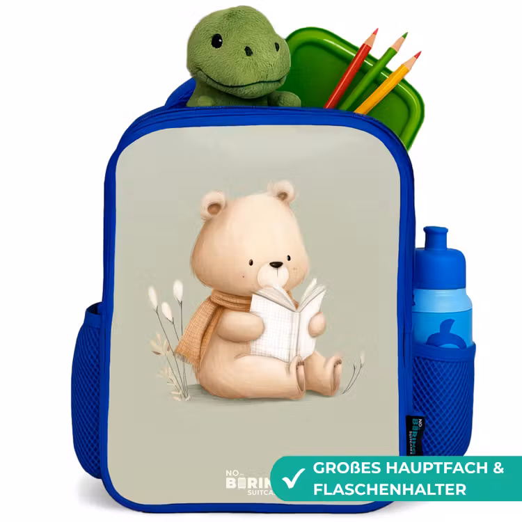Een bruine beer met een boek - Groen Kinderrugzak - Blauw middel -inhoud_DE