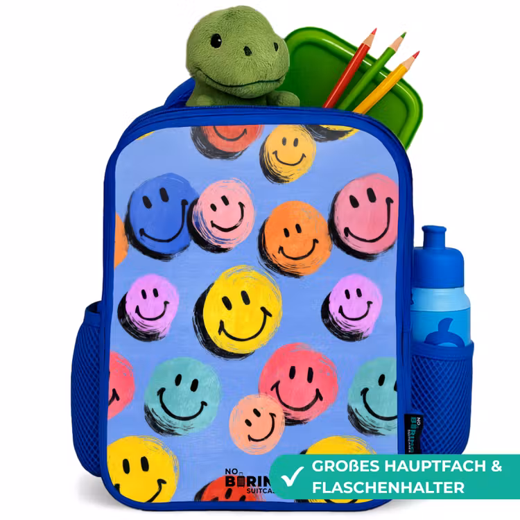 Een speels en kunstzinnig patroon van kleurrijke smileys Kinderrugzak - Blauw middel -inhoud_DE
