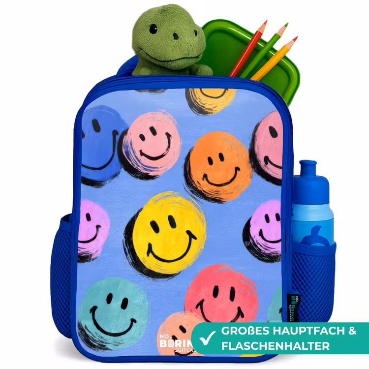 Een speels en kunstzinnig patroon van kleurrijke smileys Kinderrugzak - Blauw middel -inhoud_DE