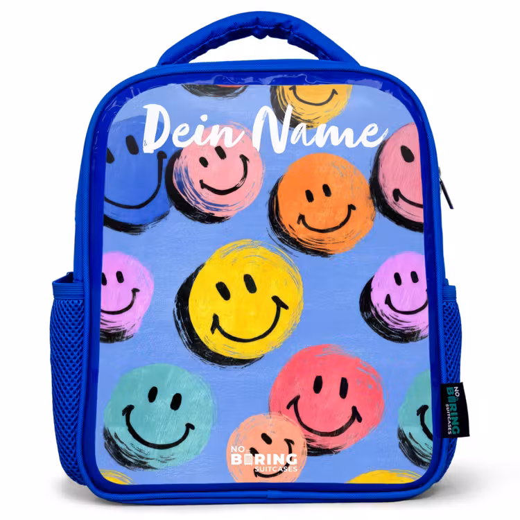Een speels en kunstzinnig patroon van kleurrijke smileys Kinderrugzak - Blauw middel -3d