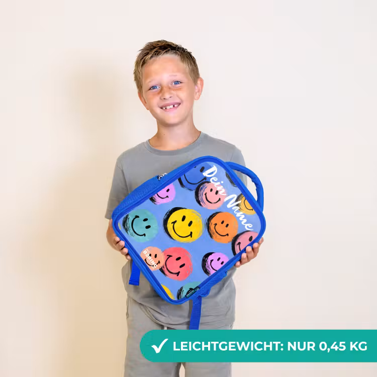 Een speels en kunstzinnig patroon van kleurrijke smileys Kinderrugzak - Blauw middel -sfeer1_DE