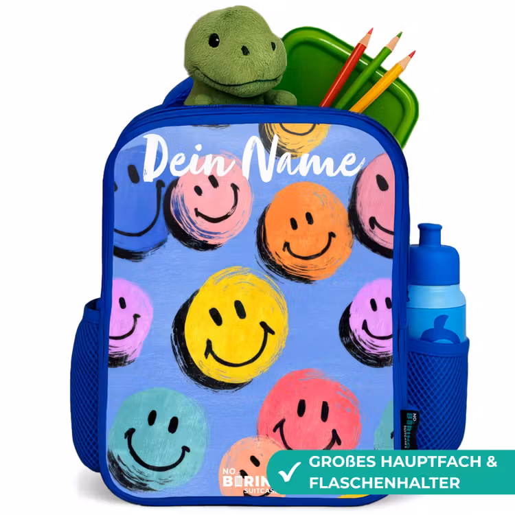 Een speels en kunstzinnig patroon van kleurrijke smileys Kinderrugzak - Blauw middel -inhoud_DE