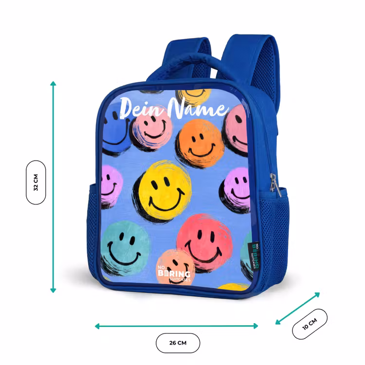 Een speels en kunstzinnig patroon van kleurrijke smileys Kinderrugzak - Blauw middel -productfoto_formaten