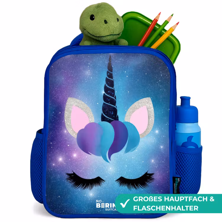 Eenhoorn op een sterrenhemel achtergrond Kinderrugzak - Blauw middel -inhoud_DE