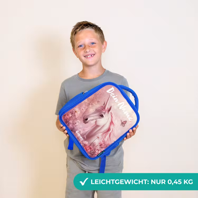 Eenhoorn - Roze - Vlinder - Bloemen Kinderrugzak - Blauw middel -sfeer1_DE