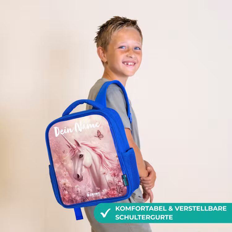 Eenhoorn - Roze - Vlinder - Bloemen Kinderrugzak - Blauw middel -sfeer3_DE
