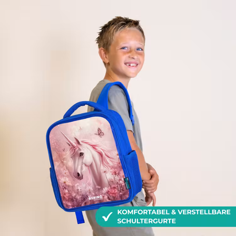 Eenhoorn - Roze - Vlinders - Bloemen Kinderrugzak - Blauw middel -sfeer3_DE
