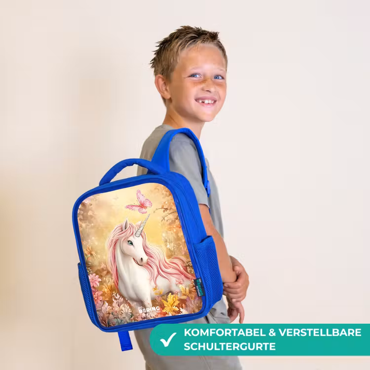 Eenhoorn - Vlinder - Roze - Manen Kinderrugzak - Blauw middel -sfeer3_DE