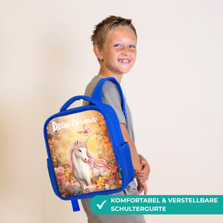 Eenhoorn - Vlinder - Roze - Manen Kinderrugzak - Blauw middel -sfeer3_DE