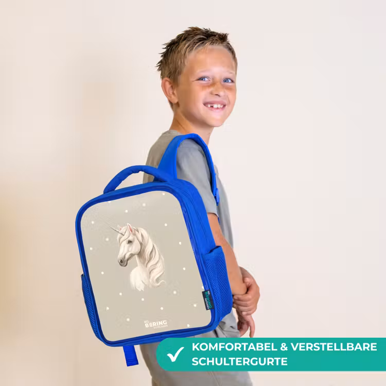 Eenhoorn omringd door stippen in neutrale kleuren Kinderrugzak - Blauw middel -sfeer3_DE