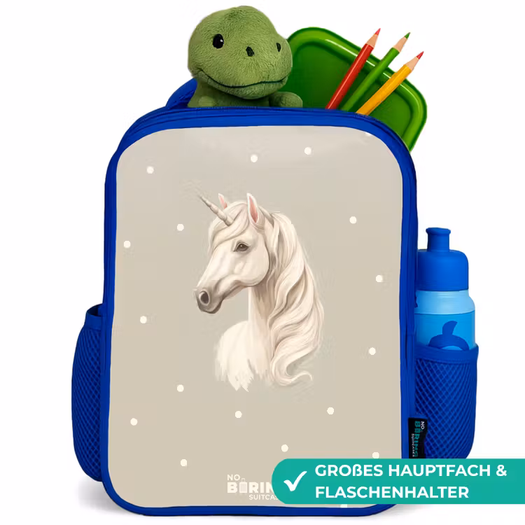 Eenhoorn omringd door stippen in neutrale kleuren Kinderrugzak - Blauw middel -inhoud_DE