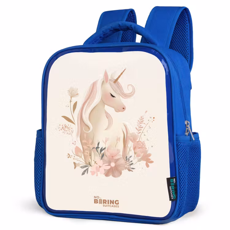 Eenhoorn tussen bloemen in roze pastel kleuren Kinderrugzak - Blauw middel -schuin