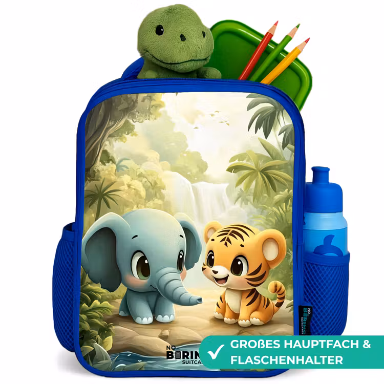 Olifant - Tijger - Bos - Jungle Kinderrugzak - Blauw middel -inhoud_DE