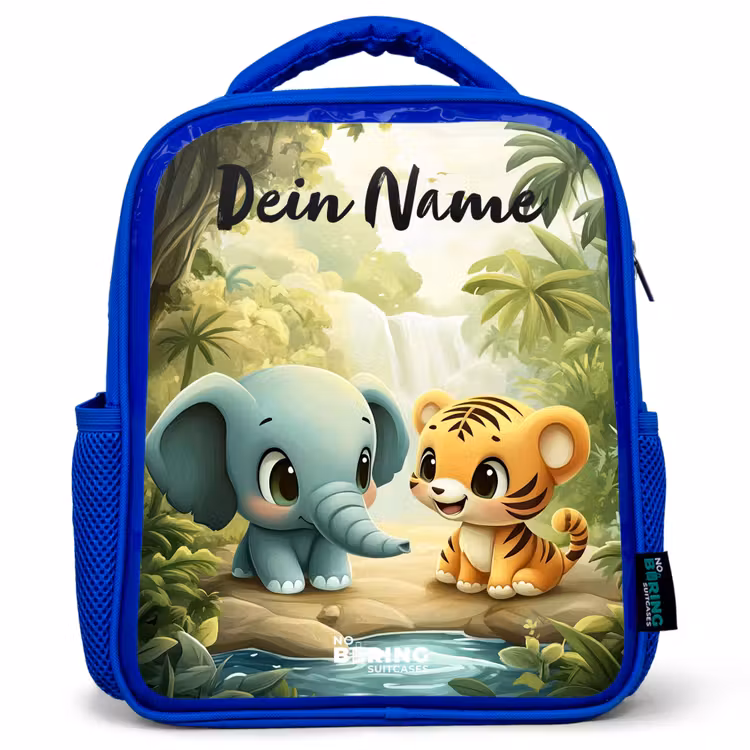 Olifant - Tijger - Bos - Jungle Kinderrugzak - Blauw middel -3d