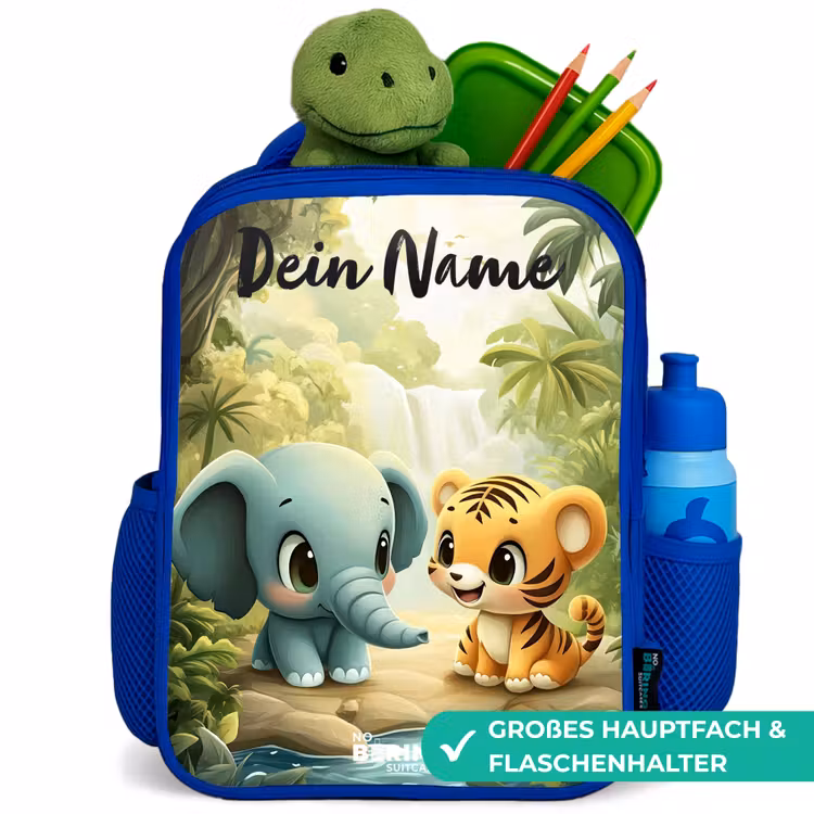 Olifant - Tijger - Bos - Jungle Kinderrugzak - Blauw middel -inhoud_DE
