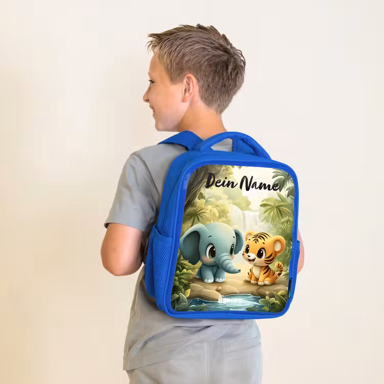 Olifant - Tijger - Bos - Jungle Kinderrugzak - Blauw middel -sfeer2