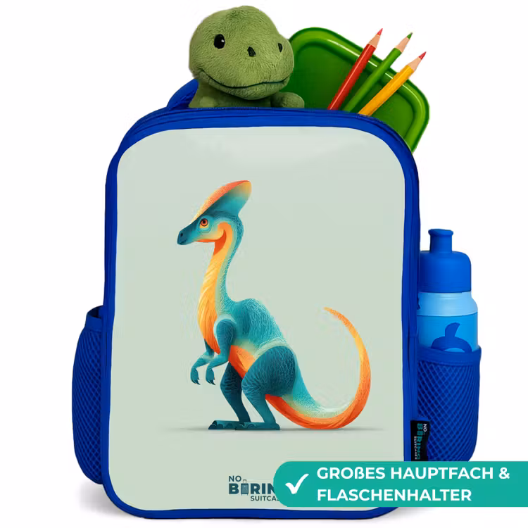 Elegante dino met kam Kinderrugzak - Blauw middel -inhoud_DE