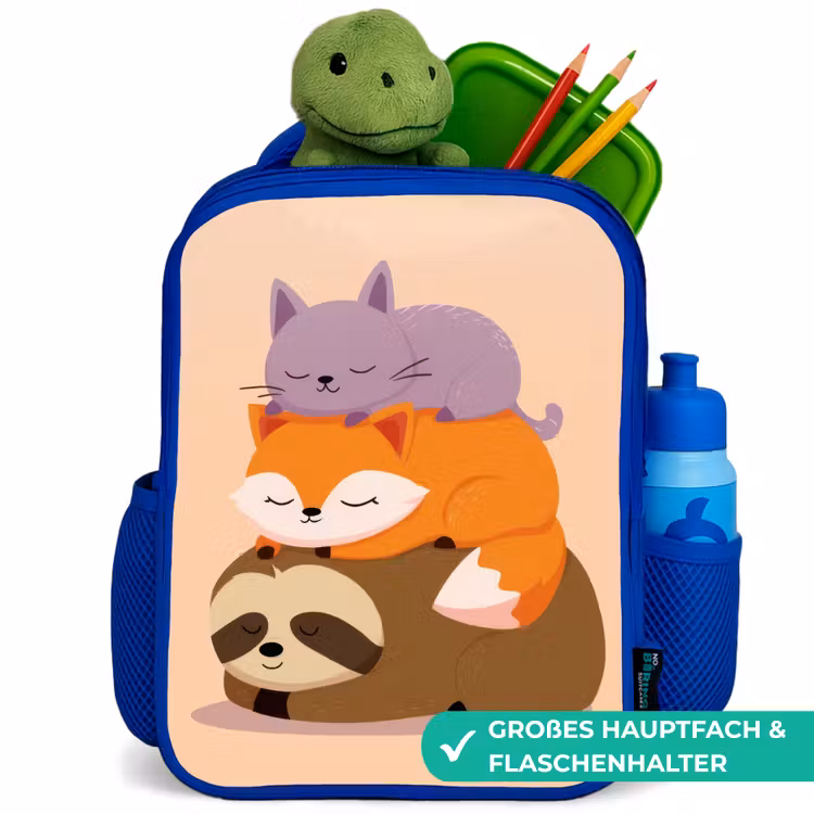Luiaard - Vos - Kat - Slaperig Kinderrugzak - Blauw middel -inhoud_DE