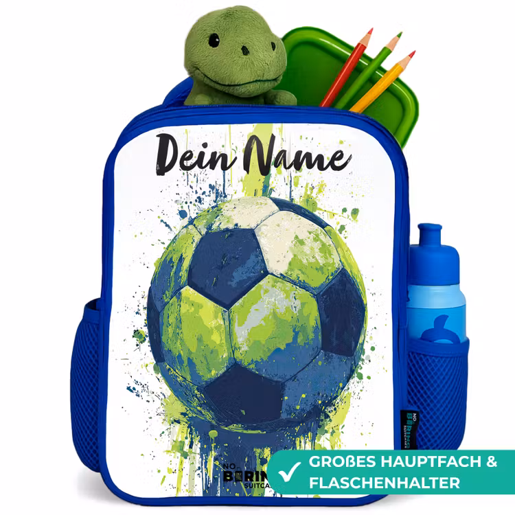 Voetbalvibes - Verf - Groen - Blauw Kinderrugzak - Blauw middel -inhoud_DE
