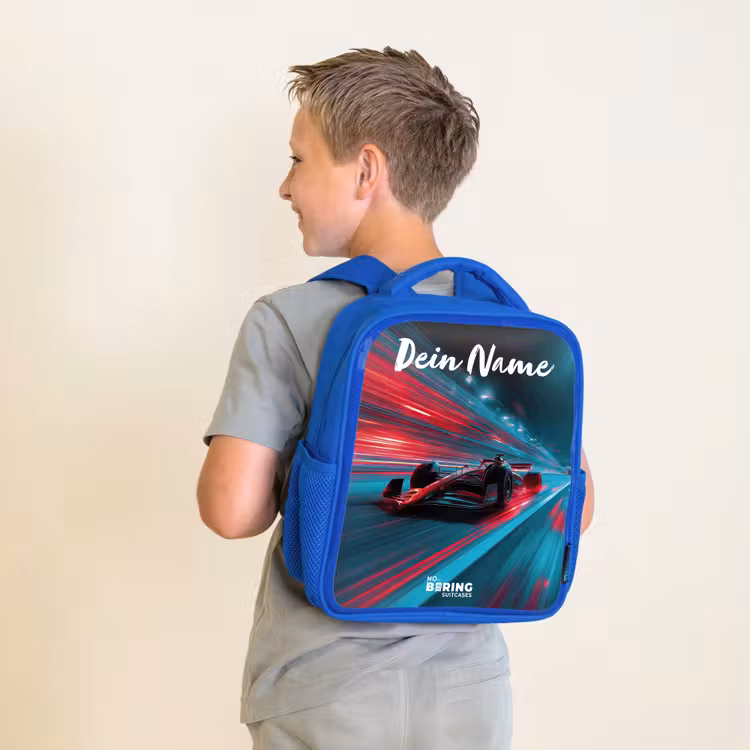 Formule 1 - Raceauto - Rood - Neonverlichting Kinderrugzak - Blauw middel -sfeer2