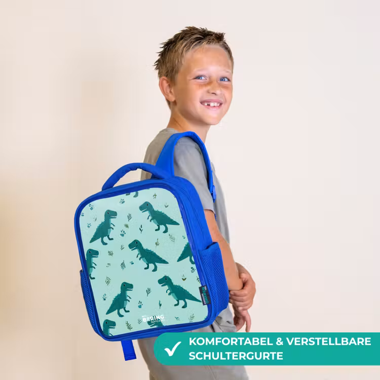 Vriendelijke T. rex tussen sporen Kinderrugzak - Blauw middel -sfeer3_DE