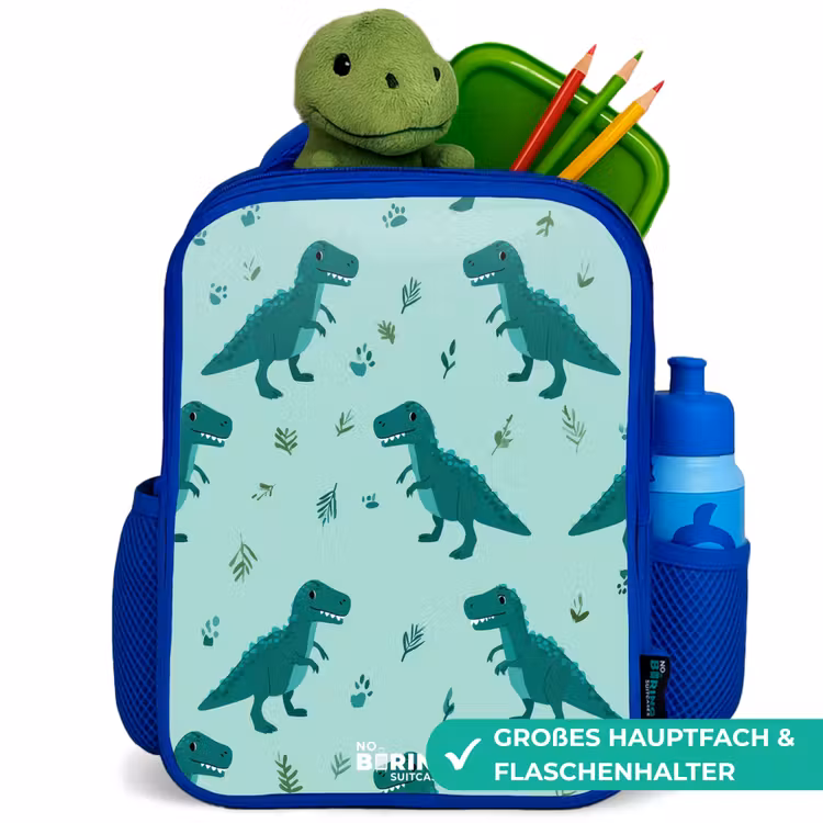 Vriendelijke T. rex tussen sporen Kinderrugzak - Blauw middel -inhoud_DE