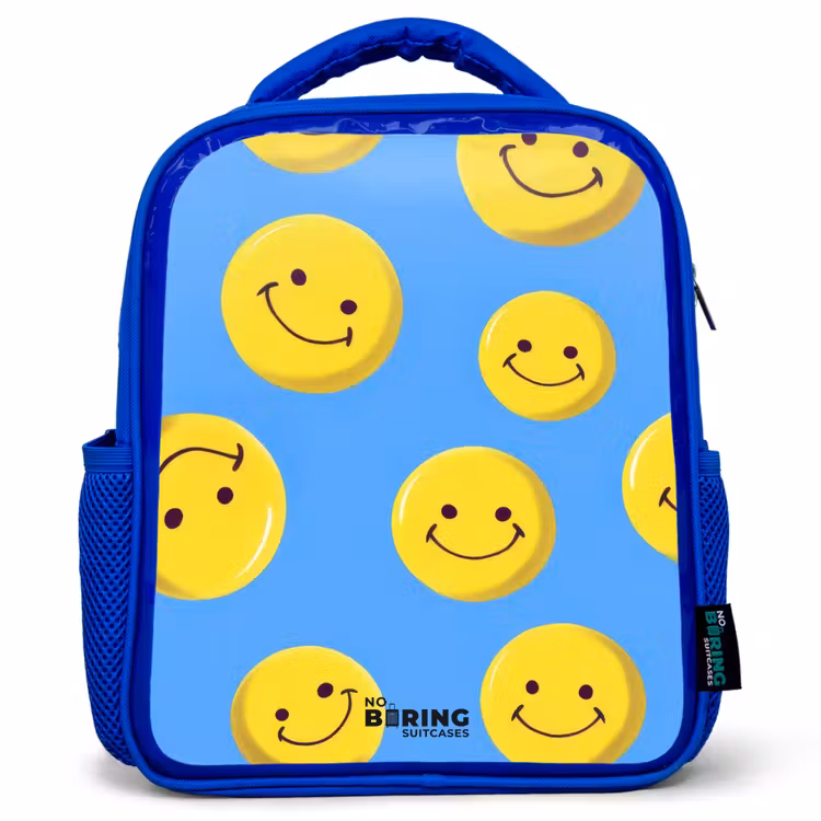 Vrolijke smileyregen Kinderrugzak - Blauw middel -3d